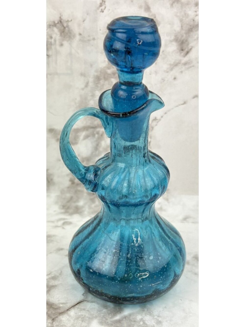 *Small Blue Glass Bubble Mini Genie Bottle 5 3/4" Vintage Hand Blown